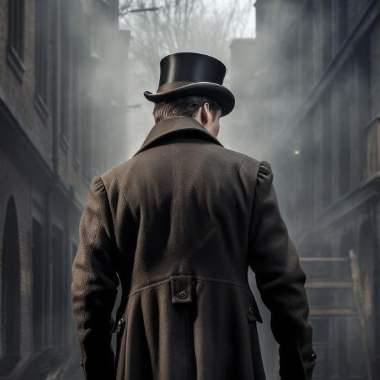Et AI-genereret billede af en victoriansk herre står med ryggen til i en skummel gyde
