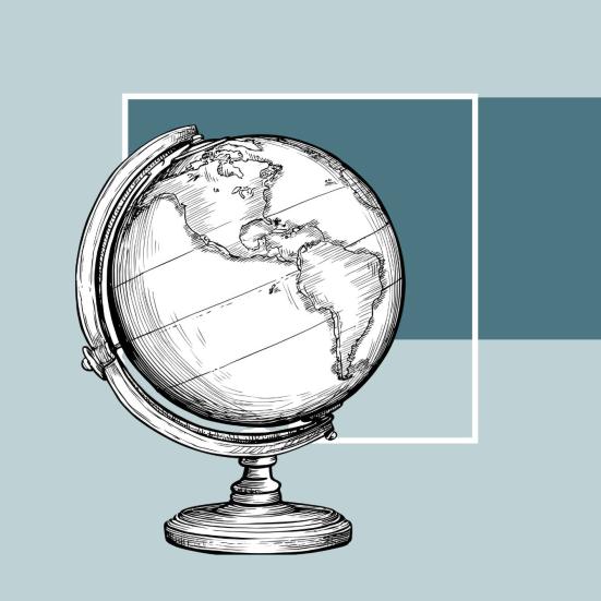 Stregtegning af en globus med verdenskort, placeret på en geometrisk baggrund.