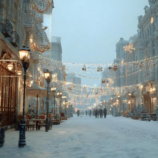 snedækket gade med julepynt og lys